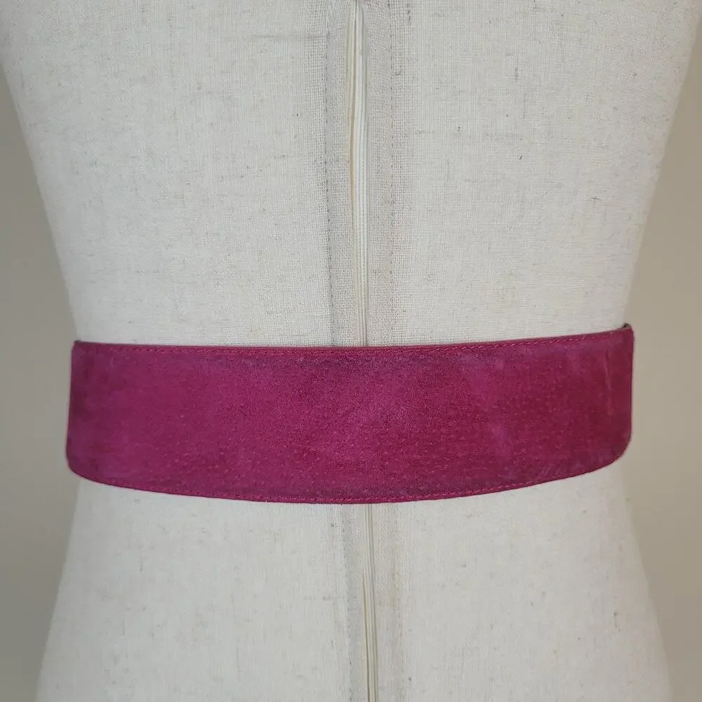 Vintage Pink Suede Leather Belt Small Wide Gold Sculptural Statement Waist 80s